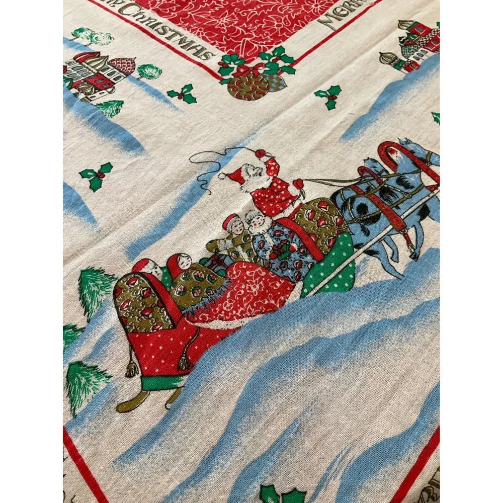 Vintage Christmas Seasonal Holiday Tablecloth Red Holly Rectangle Cottagecore